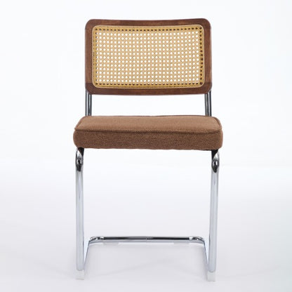 Set of 2 Coffee Cane Back Cantilever Dining Chairs, Linen Upholstered Chrome Double Steel Pipe Base 360 LBS Capacity