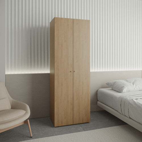 Home 2 Doors Closet System Armoire, Hanging Rod and Storage Shelf, Modern Armoire for Bedroom Organization Storage, Natural Oak