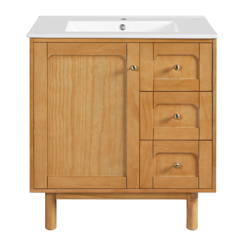 30 Inch Bathroom Vanity with Ceramic Sink, Bathroom Vanity with 3 Drawers, 1 large Soft Closing Door, Farmhouse Bathroom Storage Cabinet , Ideal for Home