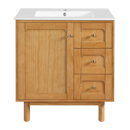 30 Inch Bathroom Vanity with Ceramic Sink, Bathroom Vanity with 3 Drawers, 1 large Soft Closing Door, Farmhouse Bathroom Storage Cabinet , Ideal for Home