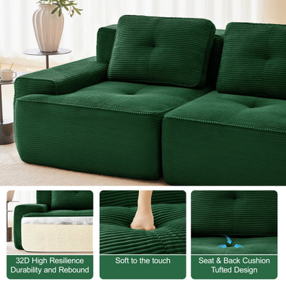 82 inch  Green L-Shaped Corduroy Modular Sofa, Movable Ottoman, No Assembly Required