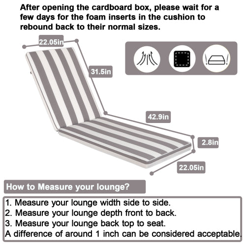 2PCS Set Outdoor Lounge Chair Cushion Replacement Patio Funiture Seat Cushion Chaise Lounge Cushion-Grey/white