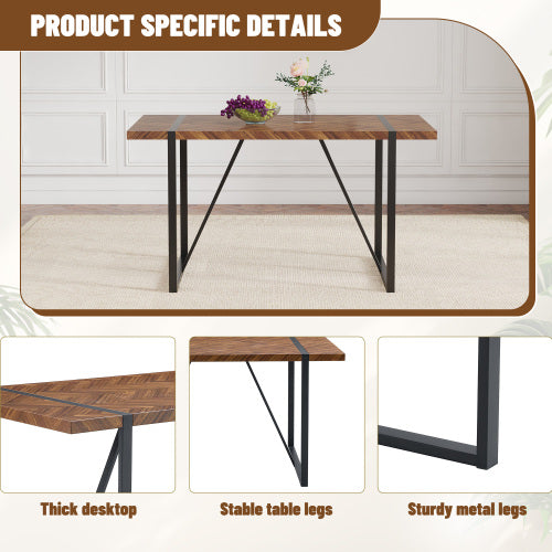 Retro Dining Table with Fishbone Textured Top & Black Metal Legs