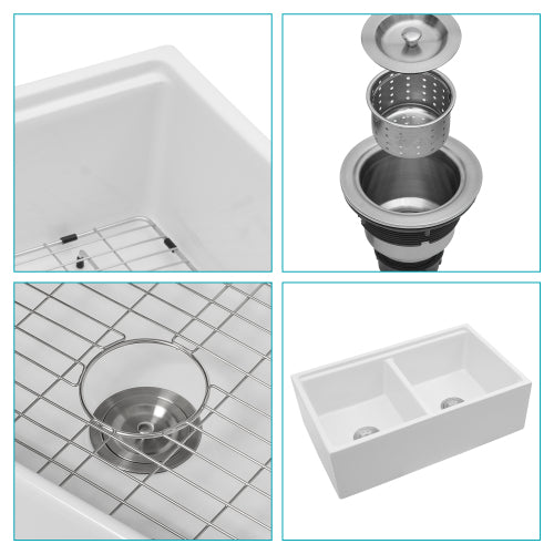 White Farmhouse Sink Workstation - 33 x 20 x 10 inch White Porcelain Ceramic Double Bowl Farm Kitchen Sink