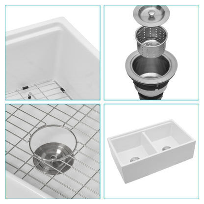 White Farmhouse Sink Workstation - 33 x 20 x 10 inch White Porcelain Ceramic Double Bowl Farm Kitchen Sink