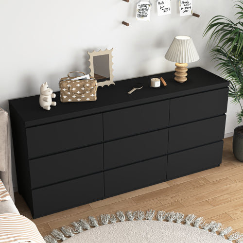 9 Drawer Dresser with No Handle Design, Modern Black Matte Wood Dresser for Bedroom, Storage Chest of Drawers for Living Room, Hallway, Entryway