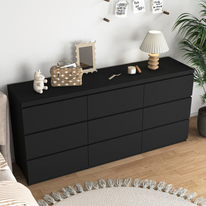 9 Drawer Dresser with No Handle Design, Modern Black Matte Wood Dresser for Bedroom, Storage Chest of Drawers for Living Room, Hallway, Entryway