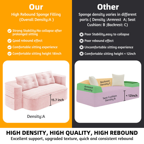 78.7-Inch Baby-Pink Convertible Corduroy Sleeper Floor Sofa-Bed with Zip-On Blanket & 2 Pillows No-Assembly
