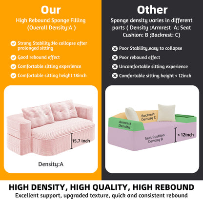 78.7-Inch Baby-Pink Convertible Corduroy Sleeper Floor Sofa-Bed with Zip-On Blanket & 2 Pillows No-Assembly