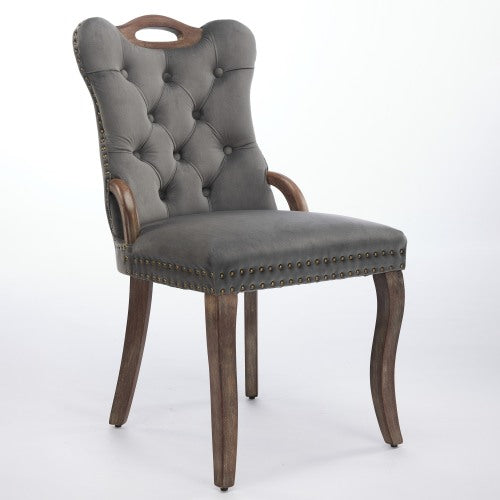 Set of 2 Gray Hand Tufted Velvet Dining Chairs, Solid Wood Handles Vintage Copper Nail Curved Wood Legs