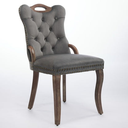 Set of 2 Gray Hand Tufted Velvet Dining Chairs, Solid Wood Handles Vintage Copper Nail Curved Wood Legs