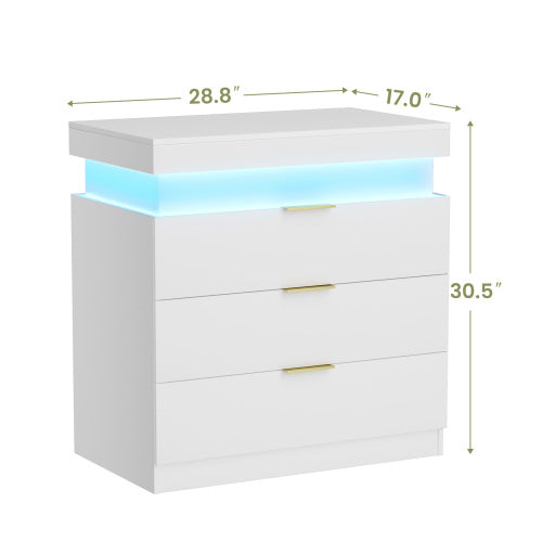 Nightstand with Charging Station and LED Lights,Night Stand with Sliding Top for Bedroom,Bedside Table with Drawers,Modern End Side Table,White.28.8''W x 17''D x 30.5''H.