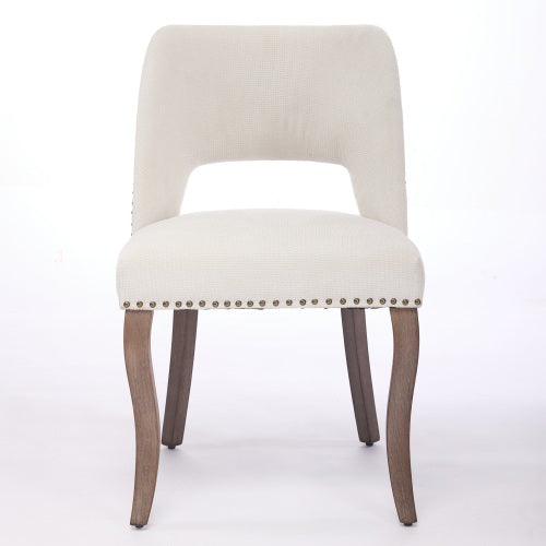 Set of 2 Beige Hollow Curved Enveloping Back Fabric Dining Chairs, Handmade Copper Nail Curved Solid Wood Legs