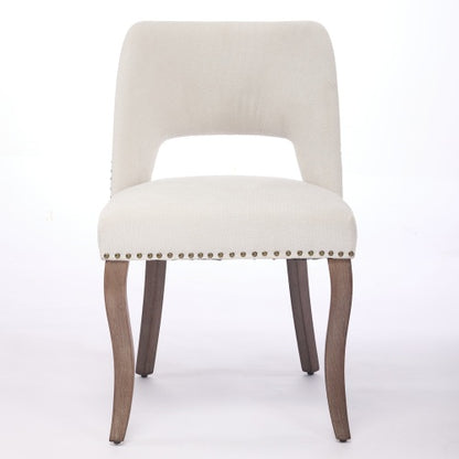 Set of 2 Beige Hollow Curved Enveloping Back Fabric Dining Chairs, Handmade Copper Nail Curved Solid Wood Legs