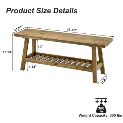 43inch  Farmhouse Wood Bench, 2-Tier Entryway Bench, Narrow Rustic Storage Bench with Open Storage Shelf for Entryway, Hallway, Living Room, Bedroom, Kitchen, Dining (Distressed Wood Color)