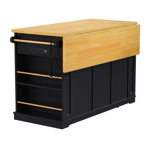 53inch Large Kitchen Island with Drop Leaf, Power Outlet, Door Internal Storage Rack, Rolling Kitchen Cart on 5 Wheels with 5 Open Side Racks for Kitchen, Dining Room,Black(Not include bar stools)