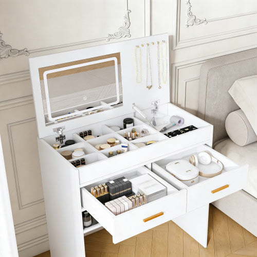 White Flip Top Vanity Desk with LED Lighted Mirror & Built-in Outlet, 2 Drawers, Open Storage, Jewelry Hooks