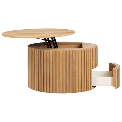 Round Lift Top Coffee Table Storage Fluted Wood MDF Solid Wood Living Room Table