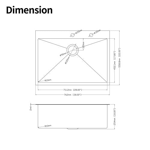 30x22x10"Drop-in Single Bowl Stainless Steel Kitchen Sink