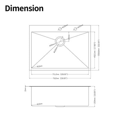 30x22x10"Drop-in Single Bowl Stainless Steel Kitchen Sink
