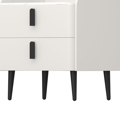 Nightstand with 2 Drawers, Night Stand with Marble-Pattern Tabletop, Modern Beside Table for Bedroom, End Table for Living Room, White