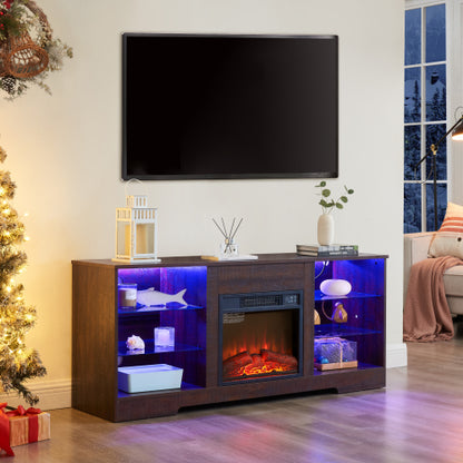 58 Inch Black Electric Fireplace TV Cabinet Bluetooth APP Controlled RGB LED Light Media Stand with Charging Ports for 62 Inch TV