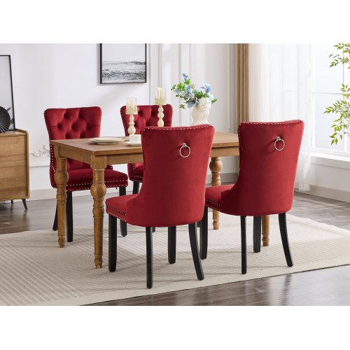 Set of 2 Burgundy Velvet Dining Chairs, Solid Wood Tufted Chairs with Triple Elastic Cushion