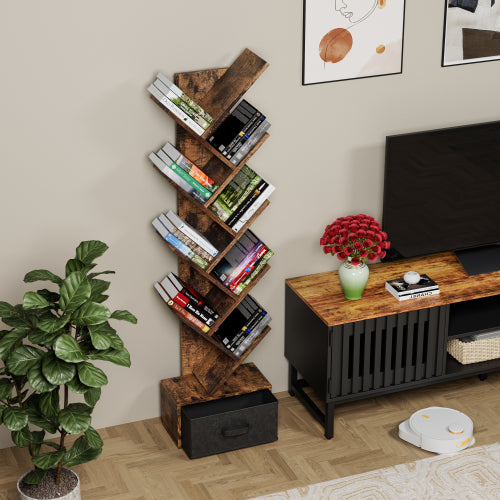Rustic Brown 9-Tier Tree-Shaped Bookshelf with Drawer, MDF Vertical Storage Rack 15¡Á7.7¡Á55.5 Inch