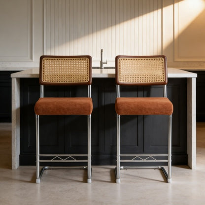 Natural Woven Bar Stool 2-Piece Set with Solid Wood Backrest 25 Inches Medieval Modern Style Counter Stool Coffee Color Velvet Kitchen Stool Chrome Metal Legs.