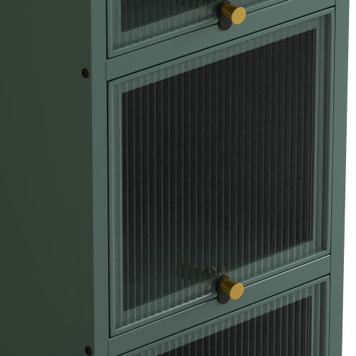 Dark Green Modern 5-Tier Storage Cabinet Iron Frame Fluted Glass Door Sideboard For Entryway Bathroom