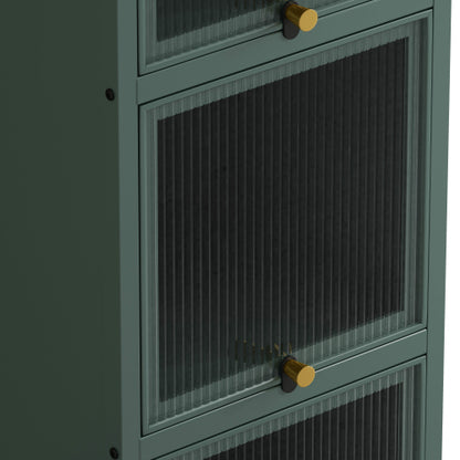 Dark Green Modern 5-Tier Storage Cabinet Iron Frame Fluted Glass Door Sideboard For Entryway Bathroom