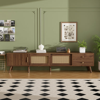 76.7 inch Natural Wood PE Rattan TV Stand Rubber Wood Leg Media Console Fits Up To 85 inch TV