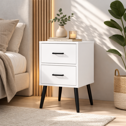 2-Drawer Nightstand with Metal Legs and Metal Handles, Modern White Bedside Table, Small End Table for Bedroom, Living Room or Apartment