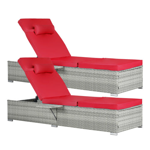 Outdoor Chaise Lounge Chair Set of 2 with Patio Pool Chairs Tanning Lounges for Outside,Beach Rattan Recliners with Adjustable Backrest, Table, Cushion for Poolside Backyard Garden