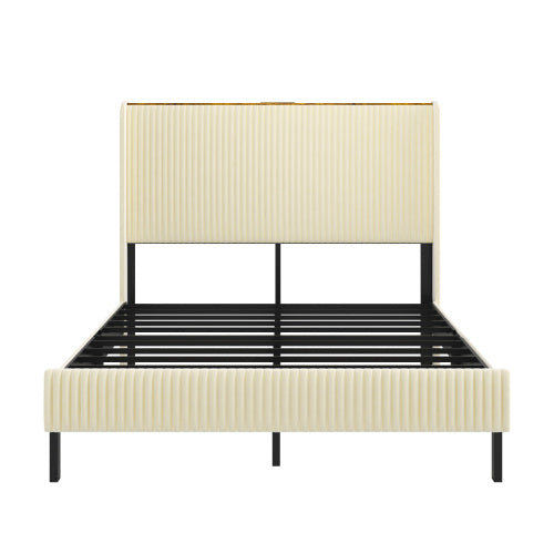 Full Size Platform Bed , Metal Bed Frame with Charging Station, No Box Spring Needed, (Beige), Noise Free,Easy Assemble.