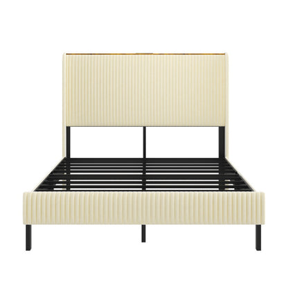 Full Size Platform Bed , Metal Bed Frame with Charging Station, No Box Spring Needed, (Beige), Noise Free,Easy Assemble.