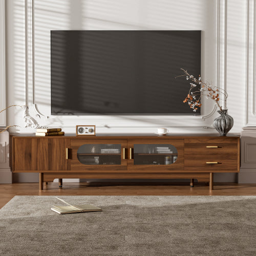 78.7 inch Walnut Fluted Glass Door TV Stand 2 Drawer Media Console Solid Wood Leg For 85 inch TV