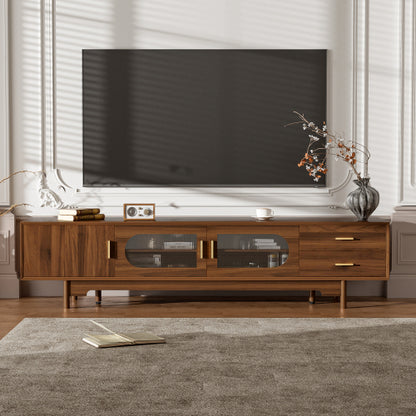 78.7 inch Walnut Fluted Glass Door TV Stand 2 Drawer Media Console Solid Wood Leg For 85 inch TV