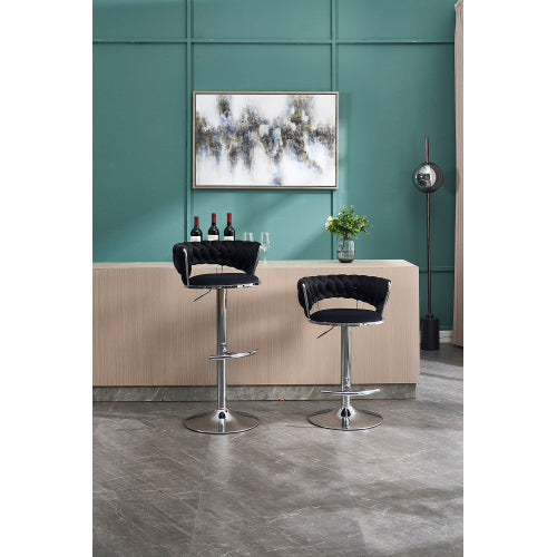 Set of 2 Bar Stools,with Chrome Footrest and Base Swivel Height Adjustable Mechanical Lifting Velvet + Chrome  Leg Simple Bar Stool-BLACK