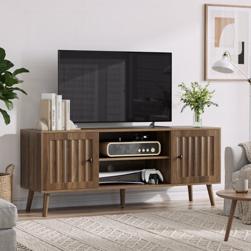 55 Inch Walnut Vertical Fluted Door Mid-Century TV Stand Adjustable Shelf Media Console Cabinet