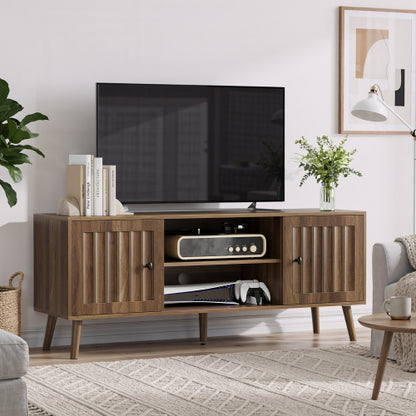 55 Inch Walnut Vertical Fluted Door Mid-Century TV Stand Adjustable Shelf Media Console Cabinet