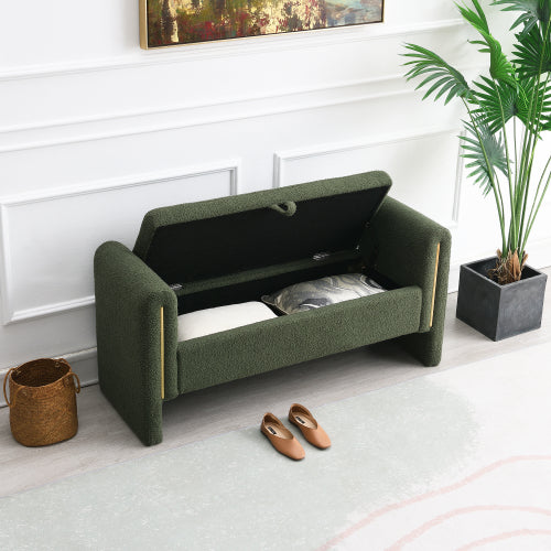 Modern Teddy Bed End Bench with Arms and Storage,Upholstered Large Foot Rest Stool, Comfy Window Vanity Bench for Living Room,Bedroom,Dorm,Coffee Table,Teddy Olive Green