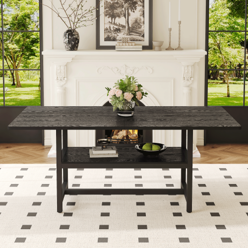 71-Inch Black Wood Grain Dining Table with Storage Shelf