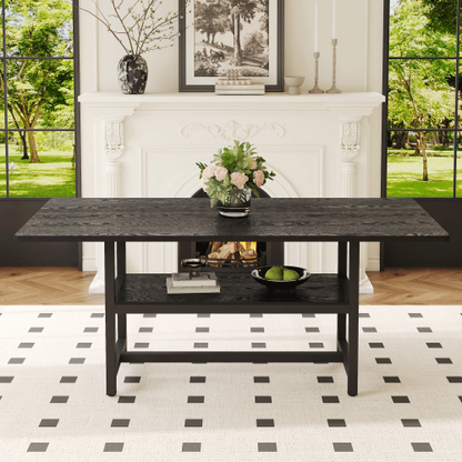 71-Inch Black Wood Grain Dining Table with Storage Shelf