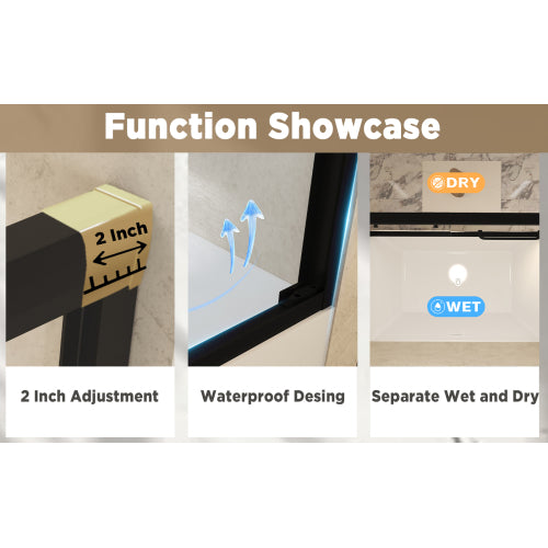 56-60" W × 60" H Tempered Glass with Explosion Proof Film, Aluminum Frame Double Sliding Shower Door, "1/4 (6 mm), Stainless Steel handle, Matte Black