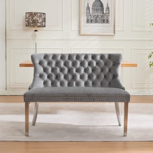Velvet Double Dining Loveseat Bench, Kitchen & Dining Seating, 2-Seat Tufted Bench w/Handmade Buttons, Wing Back, Brushed Silver Stainless Steel Legs, Mid Century Modern,Single Pack,Gray