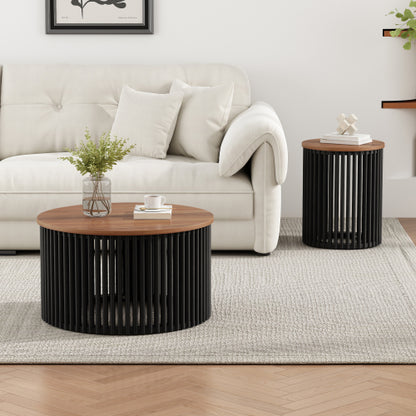 30inch  Acacia Solid Wood Round Coffee Table, Natural & Black Floating Top Accent Table