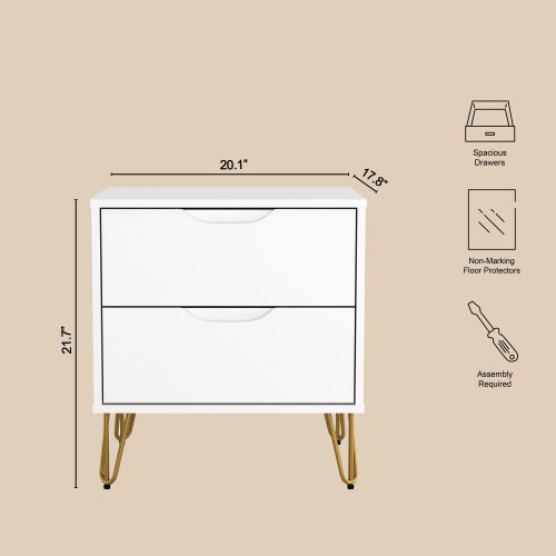 White Modern Nightstand, 2 Drawers & Metal Legs