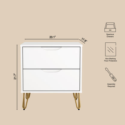 White Modern Nightstand, 2 Drawers & Metal Legs