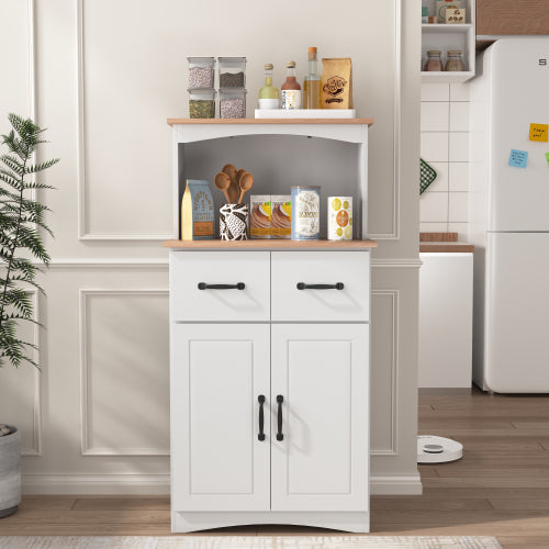 White Kitchen Pantry Cabinet with Microwave Shelf Drawer and Adjustable Storage